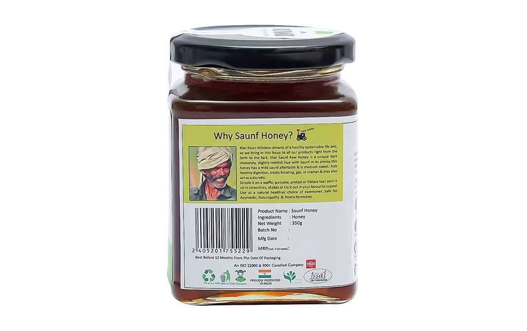Kiwi Kisan Window Raw Sauf Honey    Glass Jar  350 grams